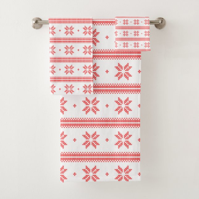 Red & White Christmas Stars Knitted Pattern Bath Towel Set (Insitu)