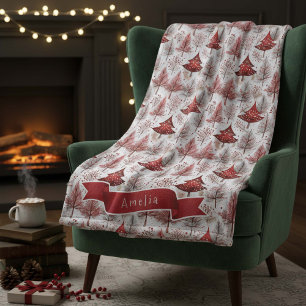Red White Christmas Tree Pattern#4 ID1009 Fleece Blanket