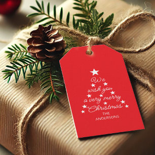 Red & White Christmas Tree Stars & Name Typography Gift Tags