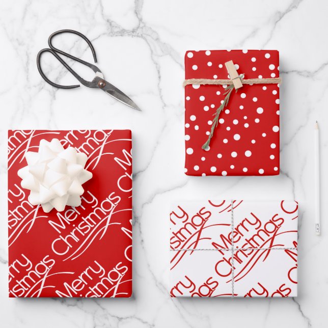 Red, white Christmas typography and dots holiday Wrapping Paper Sheet (Front)