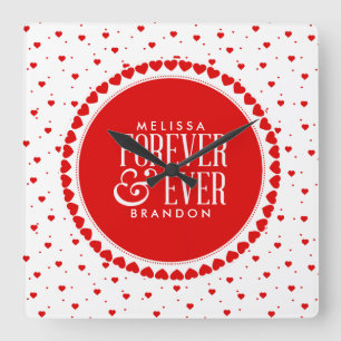 Red & White Circle Hearts Valentines Design Square Wall Clock