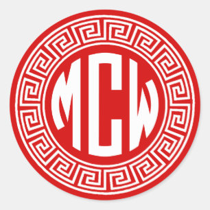 Red White Circle Monogram Font Greek Key Frame Classic Round Sticker