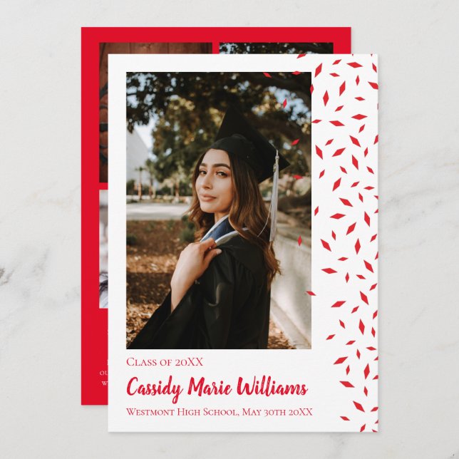 Red White Confetti Graduation Announcement (Front/Back)
