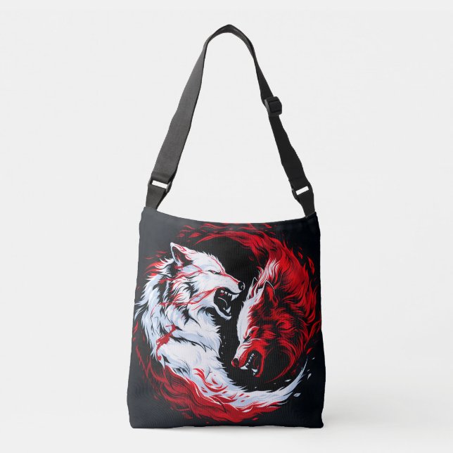Red White Cosmic Wolf Warrior Crossbody Bag (Front)