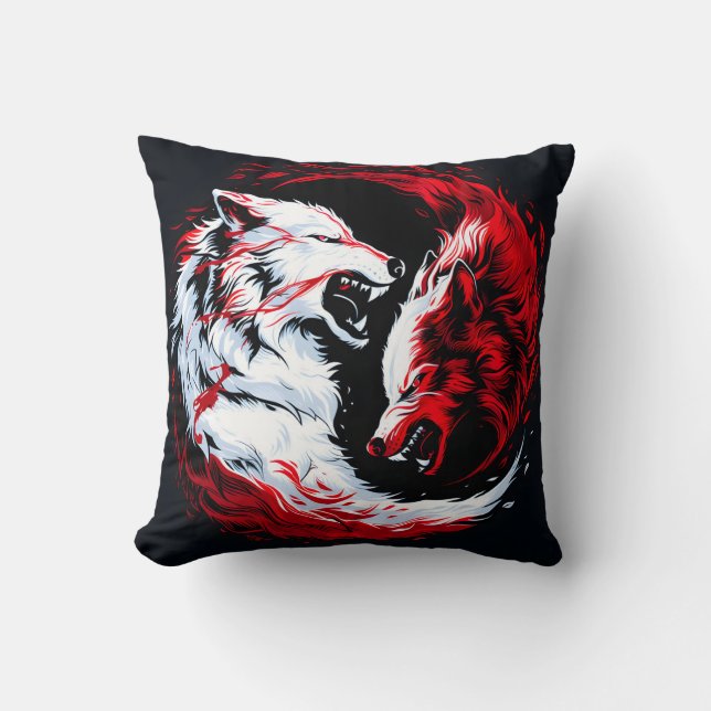 Red White Cosmic Wolf Warrior Cushion (Front)