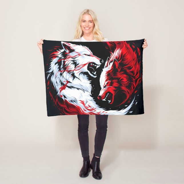 Red White Cosmic Wolf Warrior Fleece Blanket (In Situ)