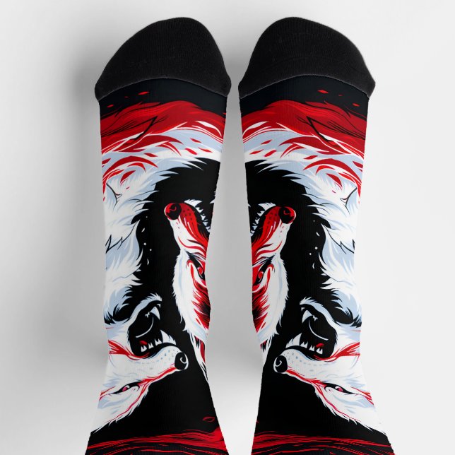 Red White Cosmic Wolf Warrior Socks (Top)