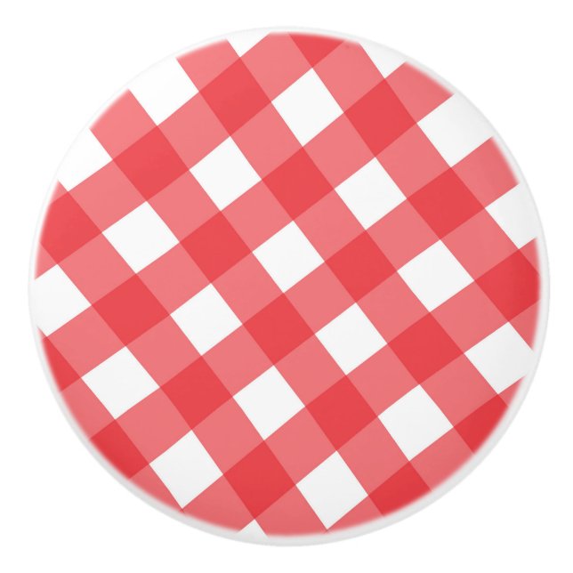 Red & White Country Gingham Chequered Chequered Ceramic Knob (Front)