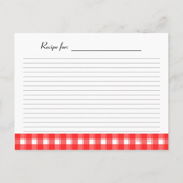 Red White Country Plaid Recipe Card (Back)
