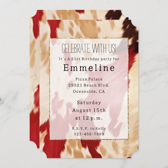 Red White Cream Western Cowhide Cowgirl Invitation (Front/Back)
