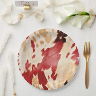 Red White Cream Western Cowhide Cowgirl Paper Plate