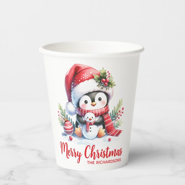 Red White Custom Cute Penguin Merry Christmas Paper Cups (Front)
