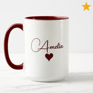 Red White Custom Name Cursive Typography Heart Mug