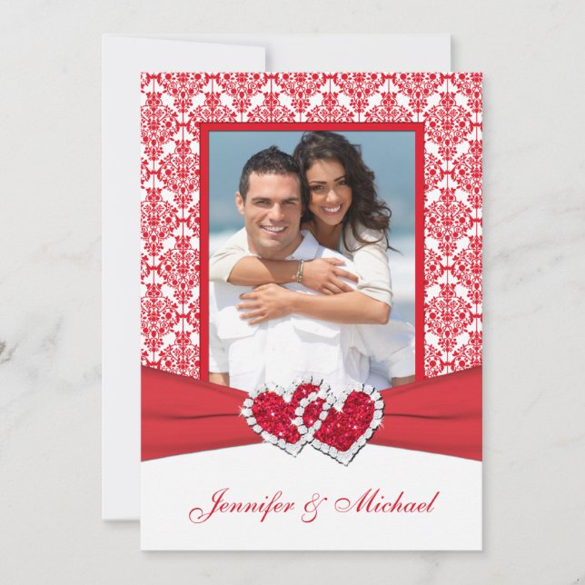 Red & White Damask & Hearts Photo Invitation (Front)
