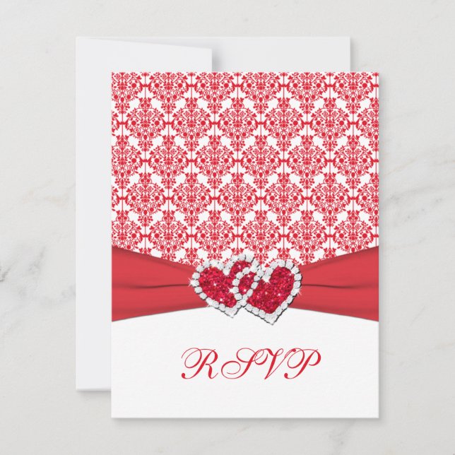 Red & White Damask & Hearts RSVP Card (Front)