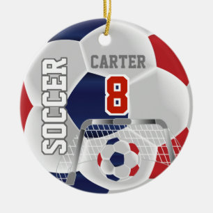 Red, White & Dark Blue Personalise Soccer  ⚽ Ball Ceramic Ornament