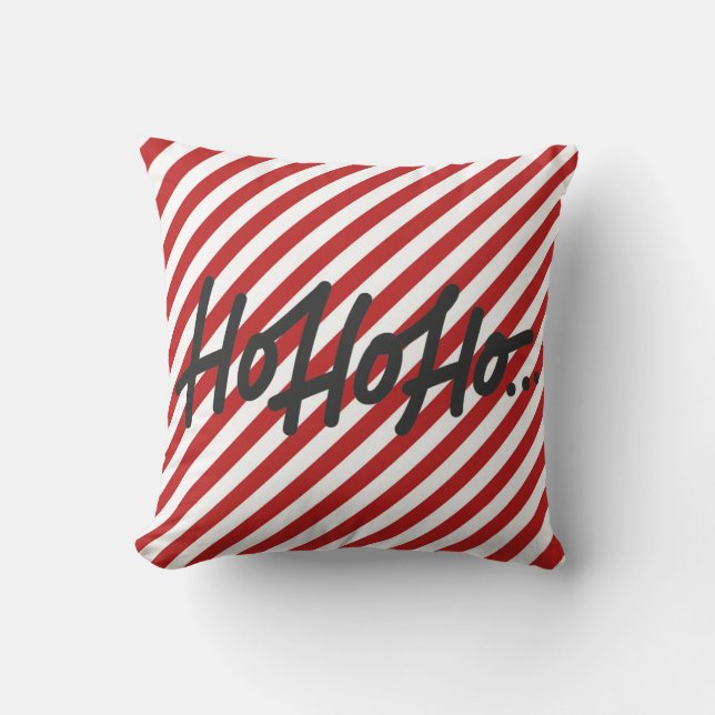 Red White Diagonal Stripes Holiday Christmas HO HO Cushion (Front)