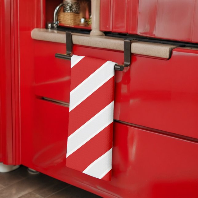 Red White Diagonal Stripes Tea Towel (Kitchen Towel)