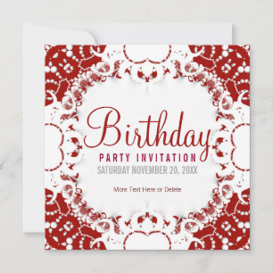 Red White digi-Lace Party Birthday Invitation