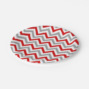 Red, White, Dk Grey Large Chevron ZigZag Pattern Paper Plate