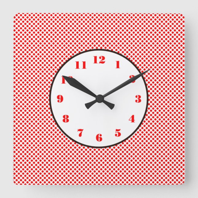Red White Dots Black Trim Square Wall Clock (Front)