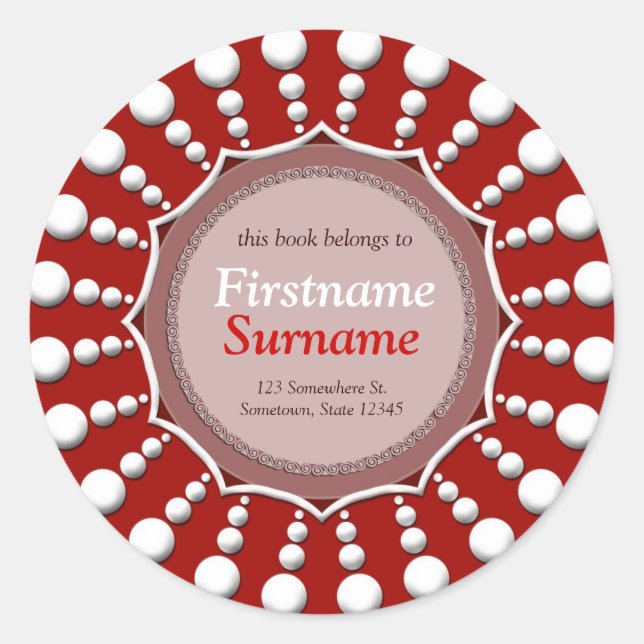 Red+White Dots Circle Bookplate Label Sticker (Front)