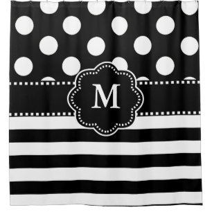 Red White Dots Stripes Monogram Shower Curtain