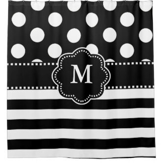 Red White Dots Stripes Monogram Shower Curtain