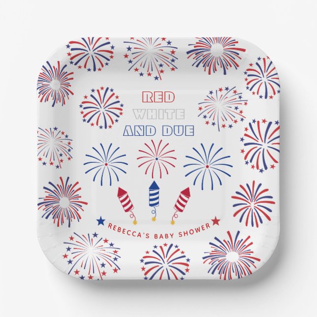 Red White Due 4th of July firecrackers baby shower Paper Plate (Front)