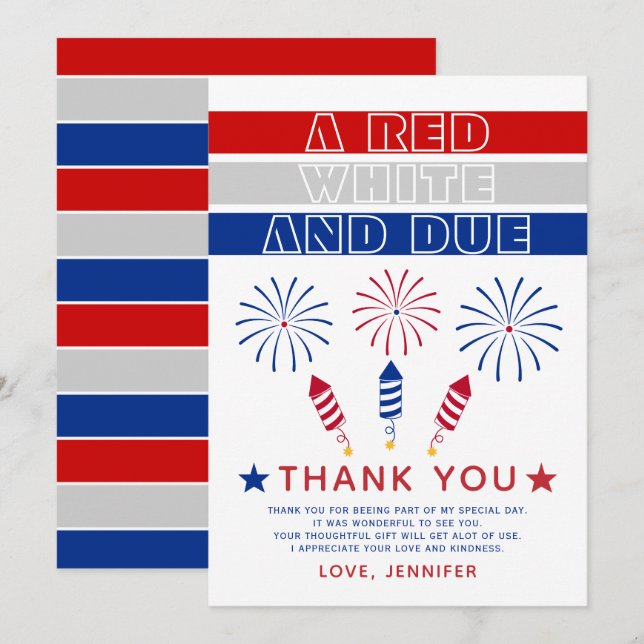 Red White Due 4th of July firecrackers baby shower Thank You Card (Front/Back)