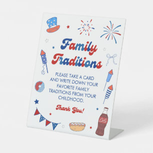 Red White Due Baby Shower Family Traditions Game Pedestal Sign