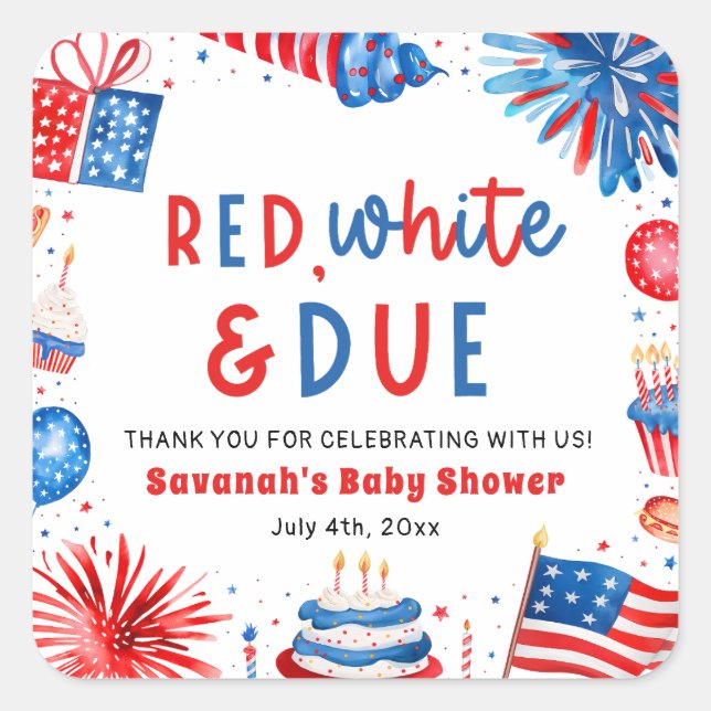 Red, White & Due Gender Neutral Baby Shower Square Sticker (Front)