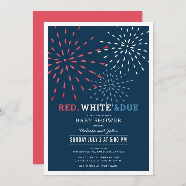 Red, White & Due July 4th Fireworks Baby Shower In Invitation (Front/Back)