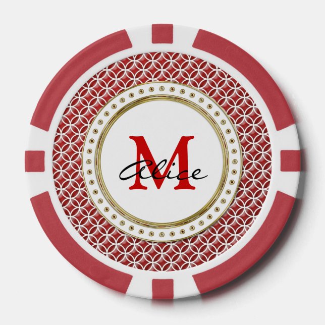 Red White Elegant Abstract Circles Pattern Poker Chips (Front)