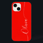 Red White Elegant Calligraphy Script Name Case-Mate iPhone 14 Case<br><div class="desc">Red White Elegant Calligraphy Script Custom Personalised Name iPhone 14 Smart Phone Cases features a modern and trendy simple and stylish design with your personalised name in elegant hand written calligraphy script typography on a red background. Designed by ©Evco Studio www.zazzle.com/store/evcostudio</div>