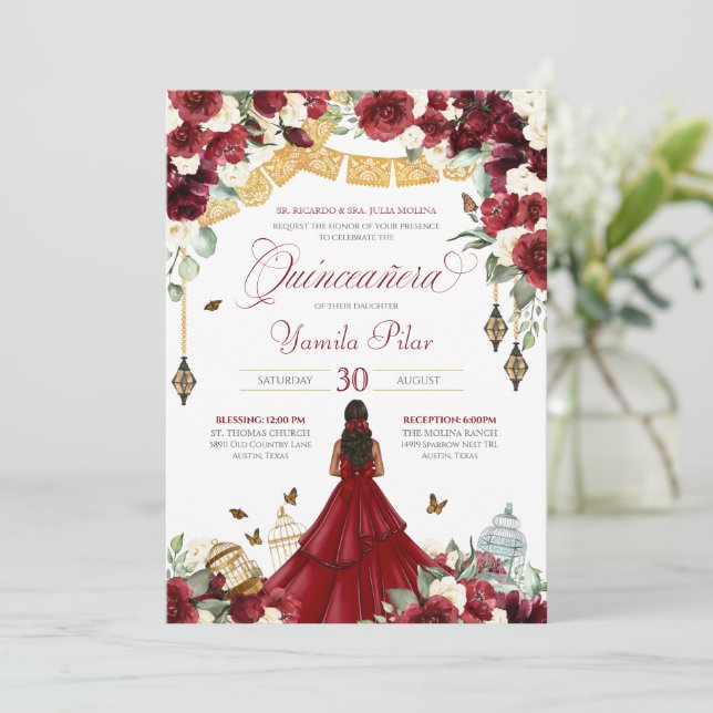 Red White Elegant Floral Butterfly Quinceanera V4 Invitation (Standing Front)