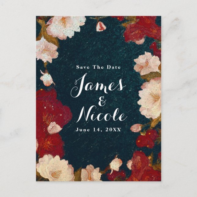 Red & White Elegant Modern Floral Save the Date Announcement Postcard (Front)