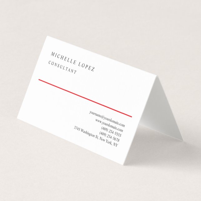 Red White Elegant Plain Professional Linen Business Card (Front)