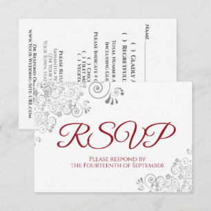 Red & White Elegant Silver Lace Wedding RSVP Card