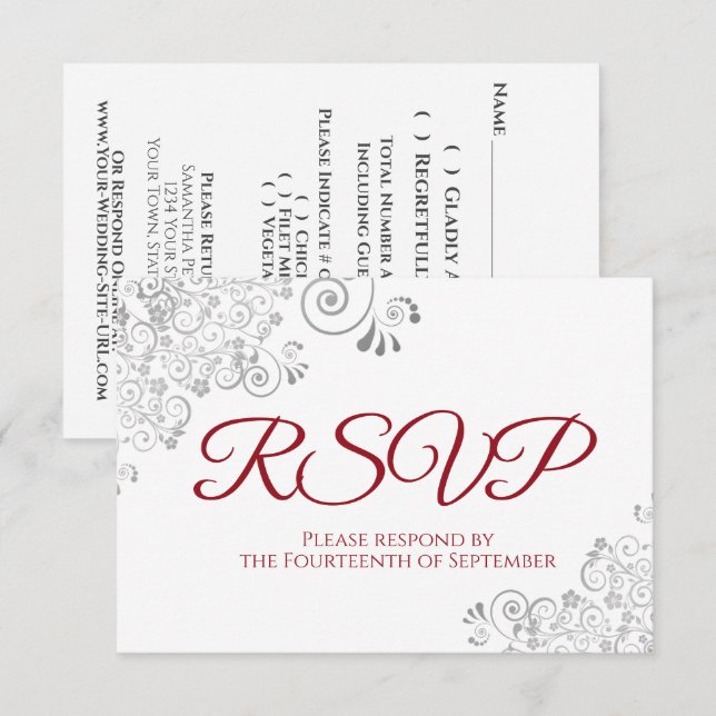 Red & White Elegant Silver Lace Wedding RSVP Card (Front/Back)