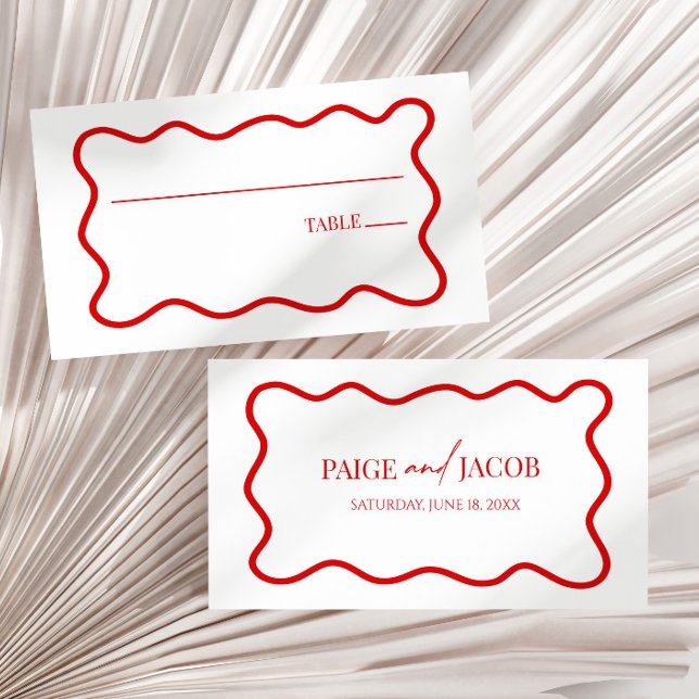 Red White Elegant Wavy Border Wedding Place Card (Creator Uploaded)