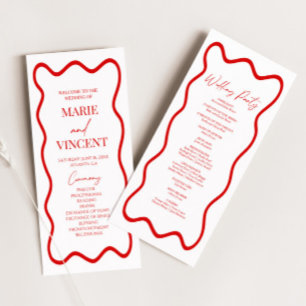 Red White Elegant Wavy Border Wedding Program