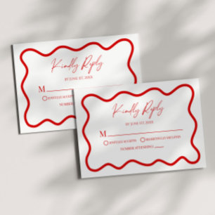 Red White Elegant Wavy Border Wedding RSVP Card