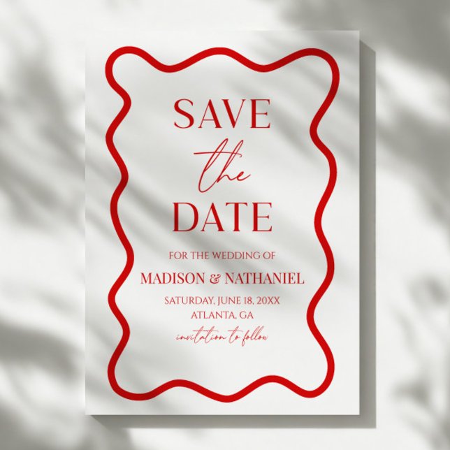 Red White Elegant Wavy Border Wedding Save The Date (Creator Uploaded)