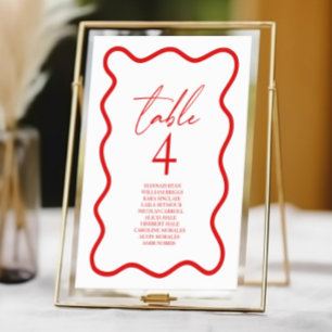 Red White Elegant Wavy Border Wedding Table Number