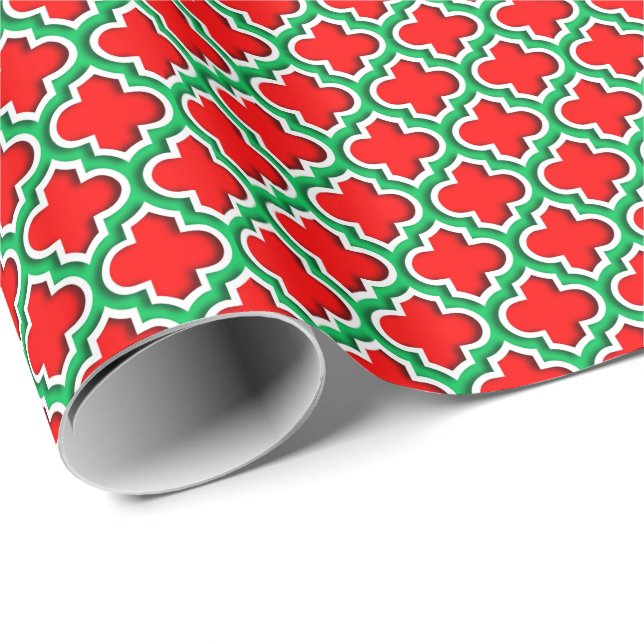 Red White Emerald Green Moroccan Quatrefoil #5DS Wrapping Paper (Roll Corner)