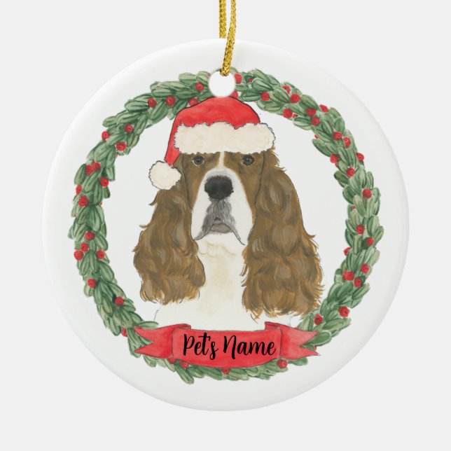 Red White English Springer Spaniel Christmas Ceramic Ornament (Front)