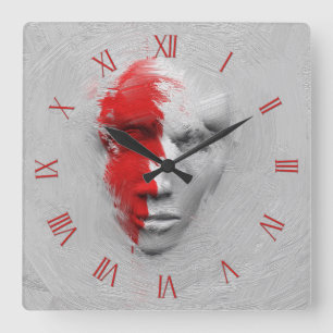 Red white face square wall clock