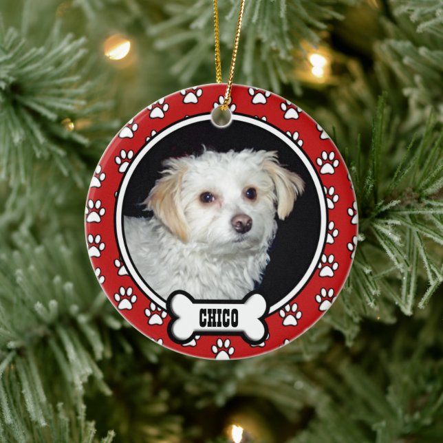 Red|White Family Pet Memorial Photo Porcelain Ceramic Ornament (Tree)
