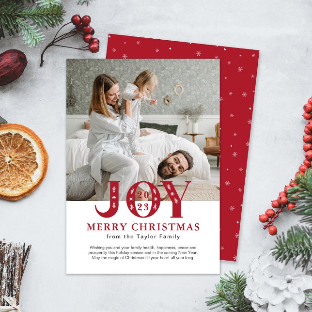 Red & White Family Photo Modern JOY Christmas  Holiday Card (Family Photo Modern JOY Christmas Holiday Card)